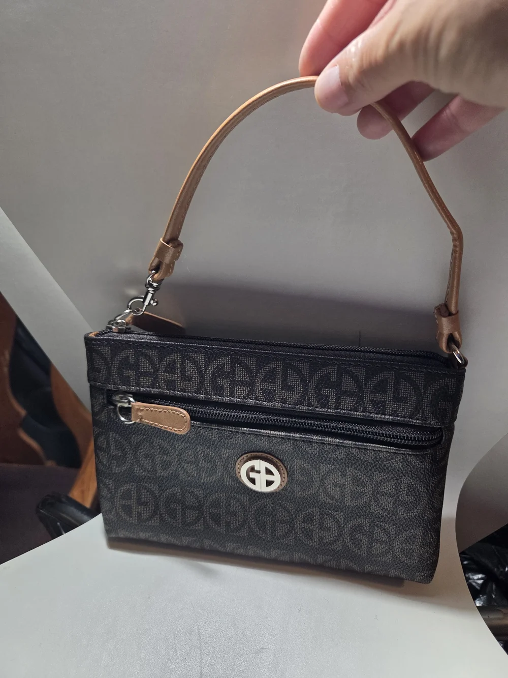 Giani Bernini Brown Monogram Wristlet with Tan Trim